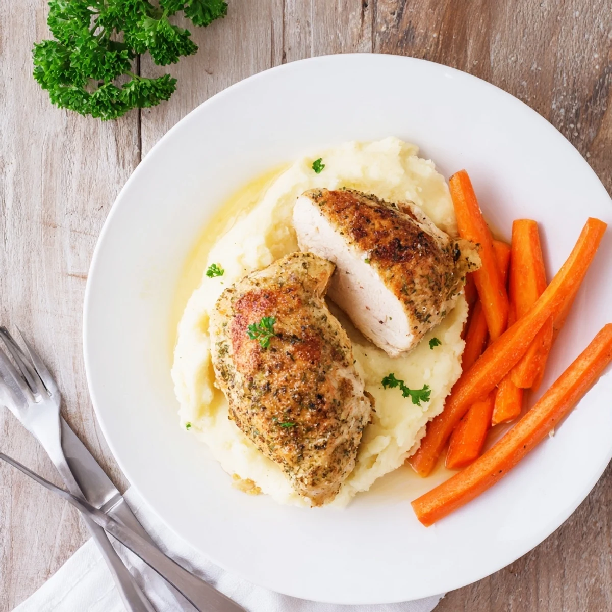 Homemade garlic herb roasted chicken dinner served with smooth mashed potatoes and tender glazed carrots