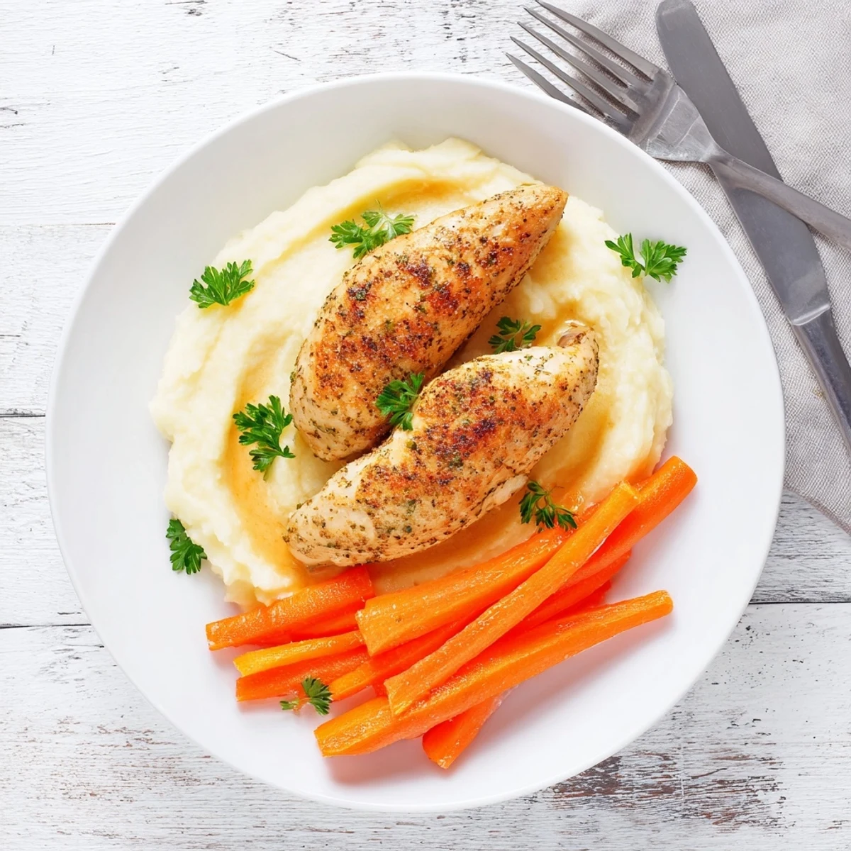 Juicy garlic herb chicken plated beside fluffy mashed potatoes and sweet honey butter carrots