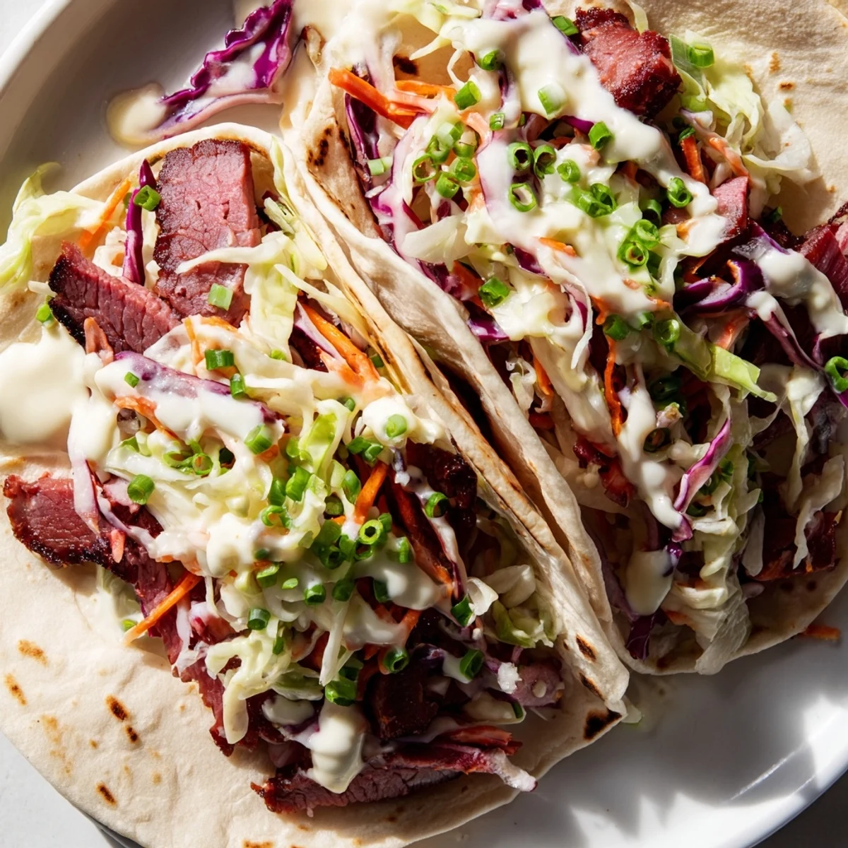 Warm flour tortillas filled with tender corned beef and crisp cabbage slaw