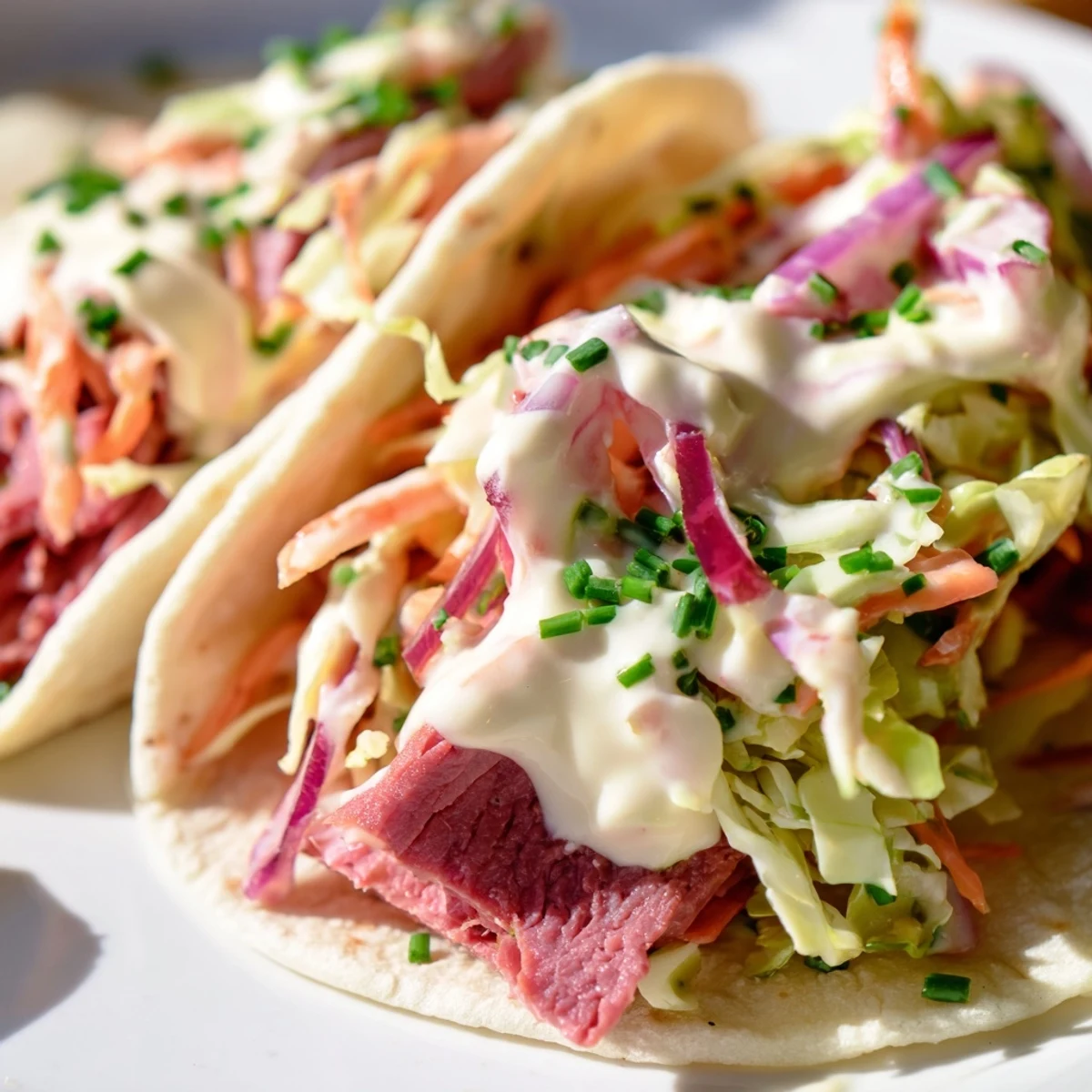 St. Patrick's Day fusion tacos topped with creamy horseradish sauce and fresh herbs