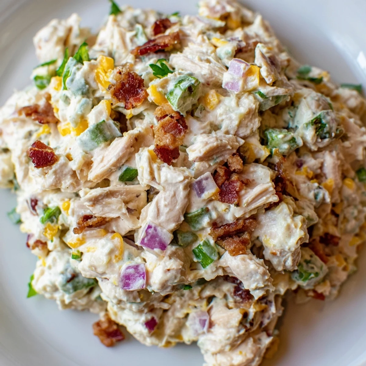 Creamy jalapeno popper keto chicken salad topped with crispy bacon bits and fresh cilantro