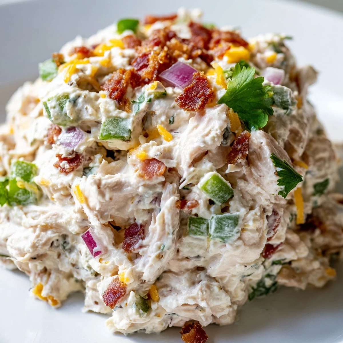 Low-carb chicken salad featuring jalapenos, cream cheese, and cheddar in a serving bowl