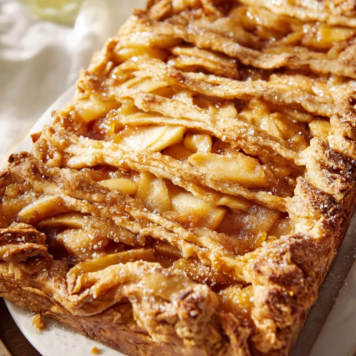 Rectangular apple slab pie brushed with egg wash and topped with sparkling coarse sugar