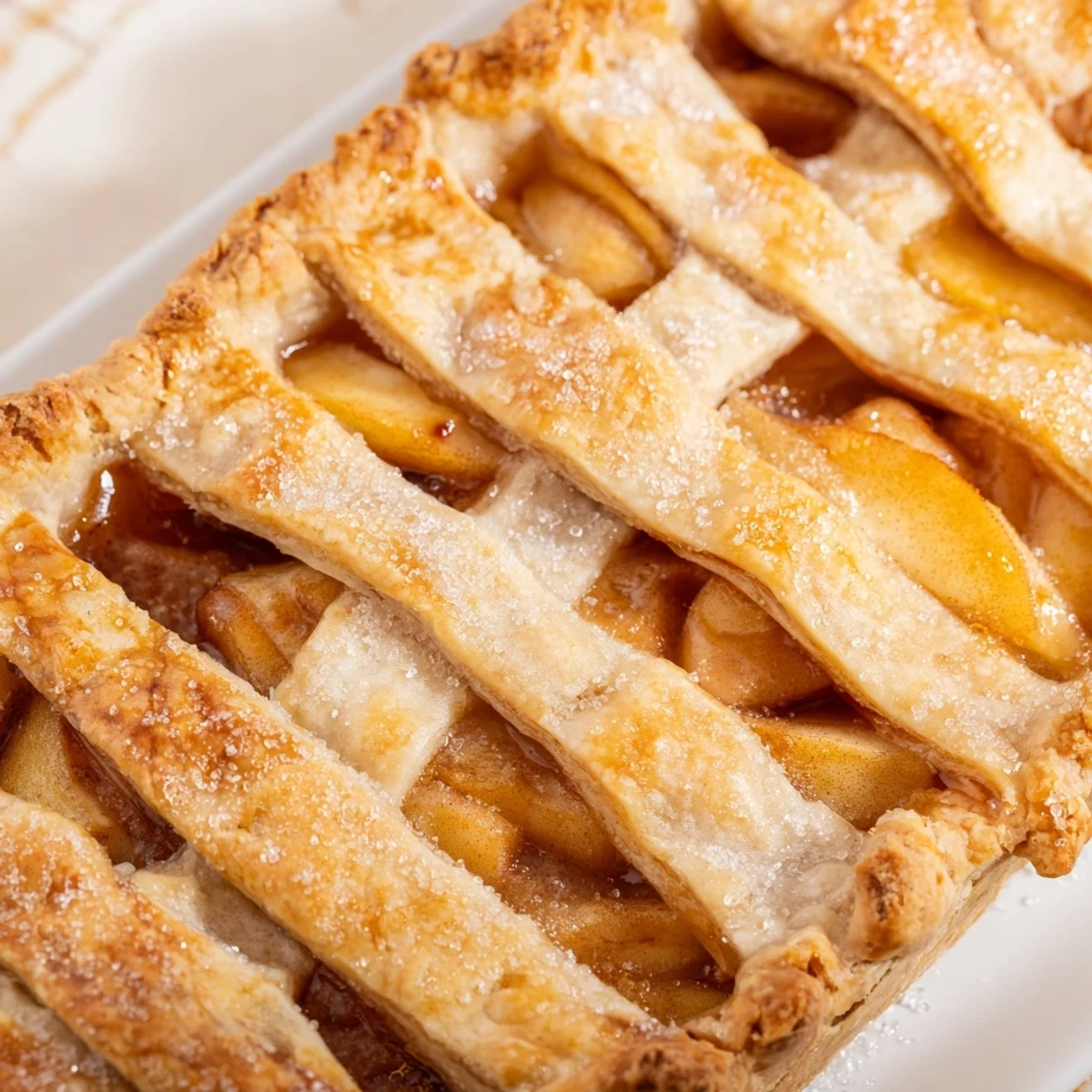 Golden apple slab pie with flaky crust and spiced apple filling bubbling through steam vents