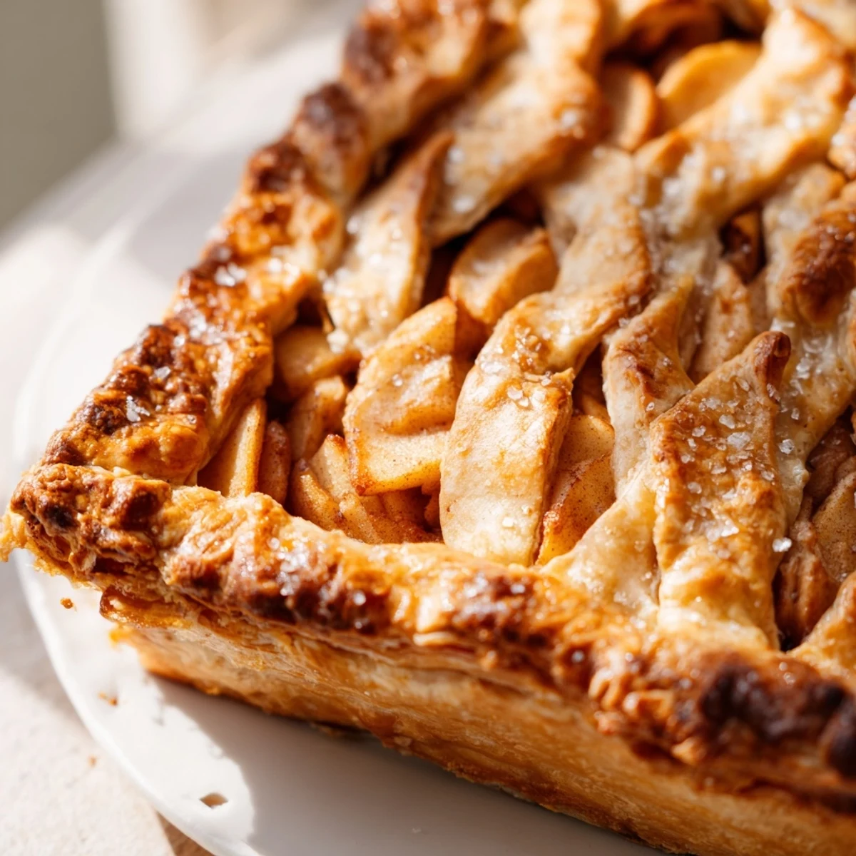 Warm apple slab pie sliced into squares revealing layers of tender cinnamon-spiced apples