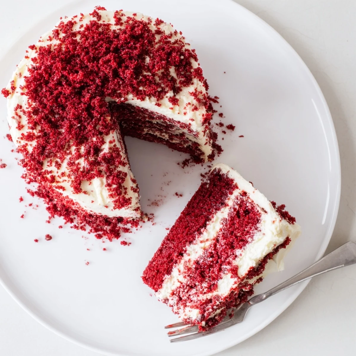 Slice of red velvet cake with thick cream cheese frosting on white plate