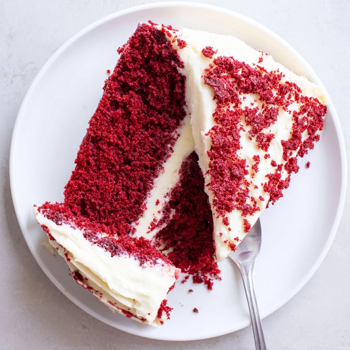 Two-layer red velvet cake with smooth creamy frosting topped with red crumbs