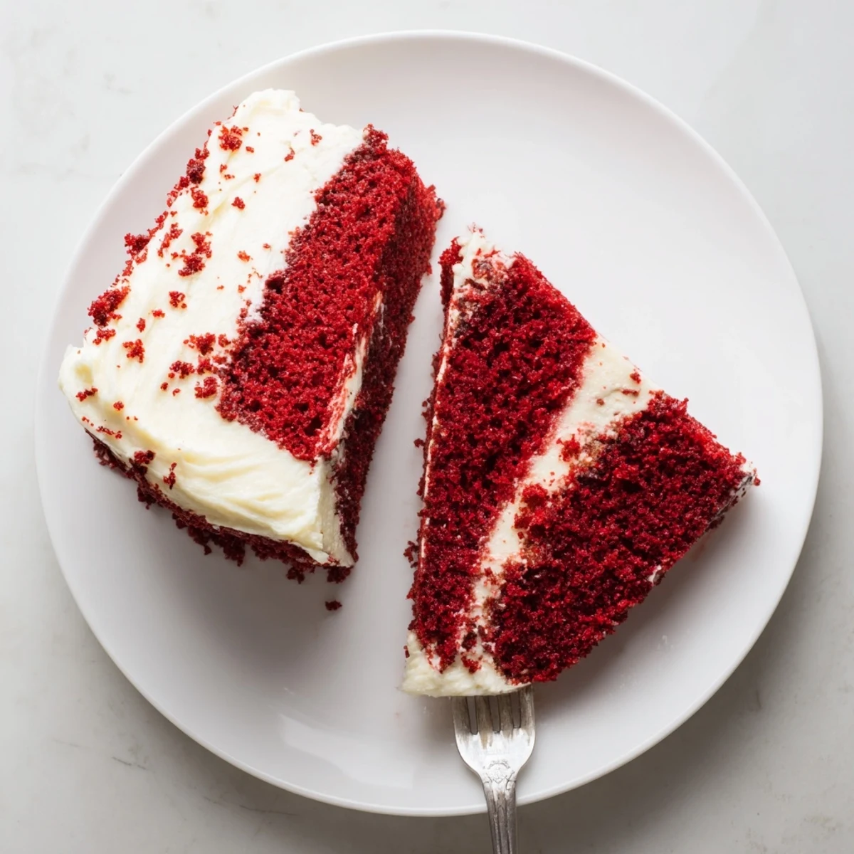 Moist red velvet cake layered with tangy cream cheese frosting and garnished