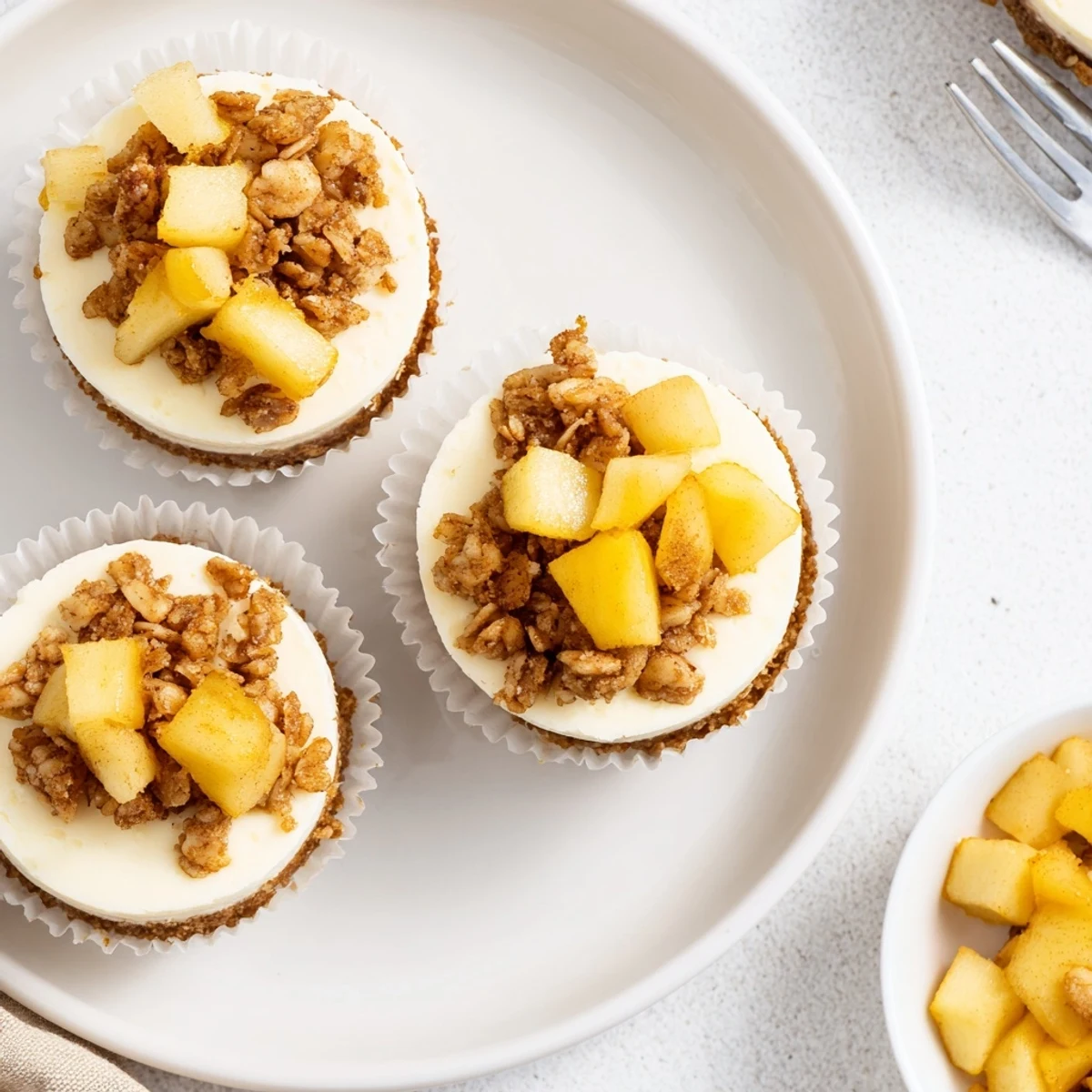 Golden brown apple crisp mini cheesecakes with warm spiced apple topping on graham cracker crusts