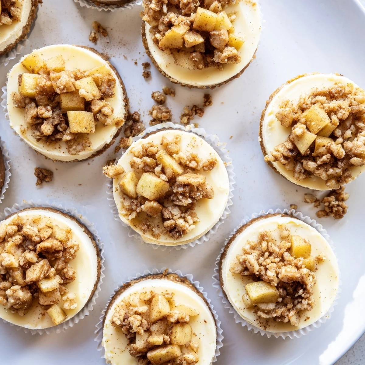 Creamy individual cheesecakes topped with cinnamon apples and crunchy oat crumble in a muffin tin