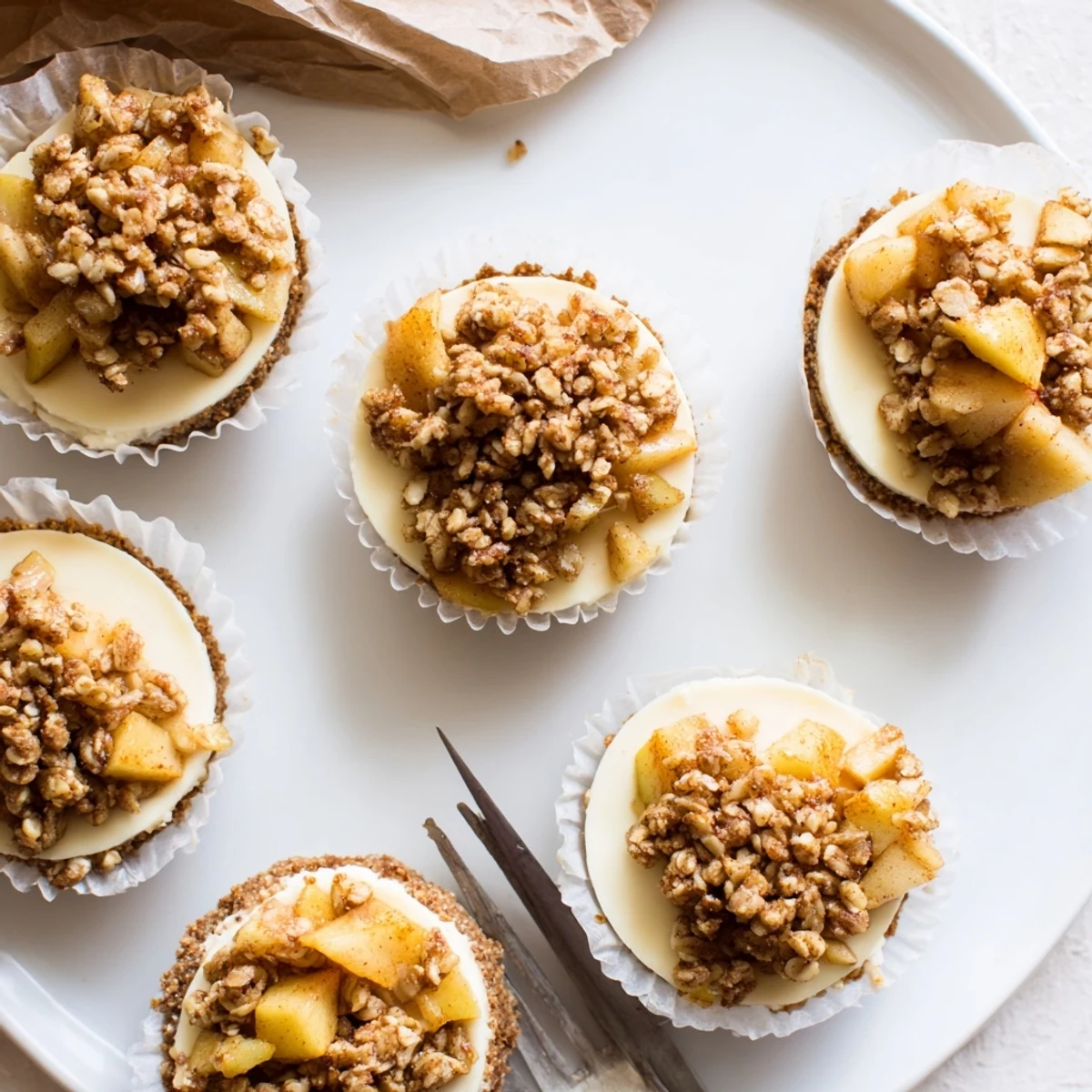 Delicious apple crisp mini cheesecakes featuring tender baked apples on rich vanilla cheesecake bites