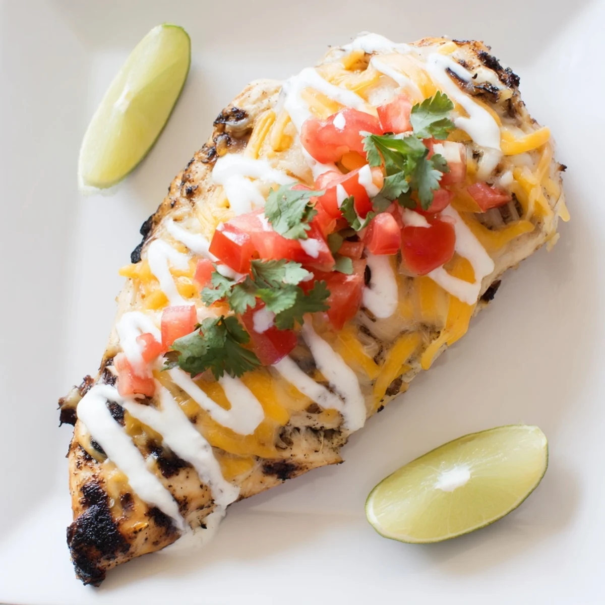 Golden grilled Fiesta Lime Chicken topped with melted cheddar and drizzled with tangy white sauce