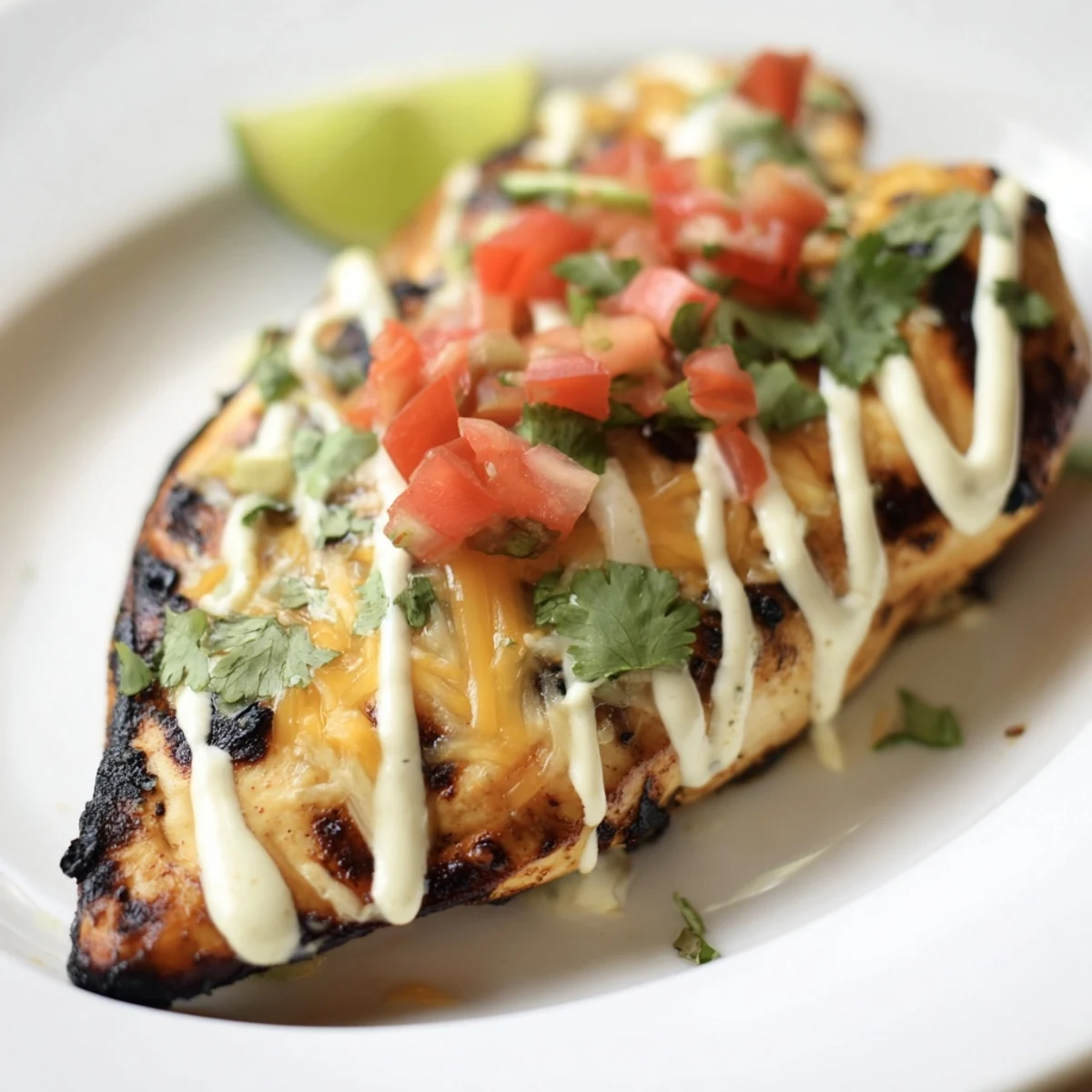 Zesty lime marinated chicken breasts charred on the grill with fresh pico de gallo garnish