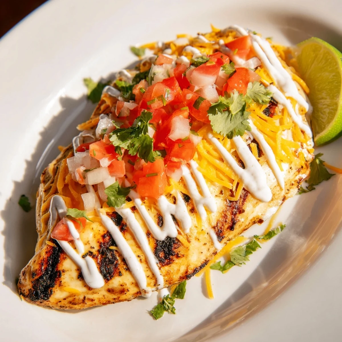 Fiesta Lime Chicken plated with creamy sauce, cilantro sprigs, and bright lime wedges
