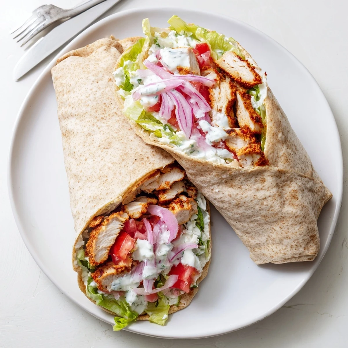 Crispy cottage cheese flatbread wraps stacked high with seasoned chicken breast, lettuce, tomatoes, and creamy yogurt
