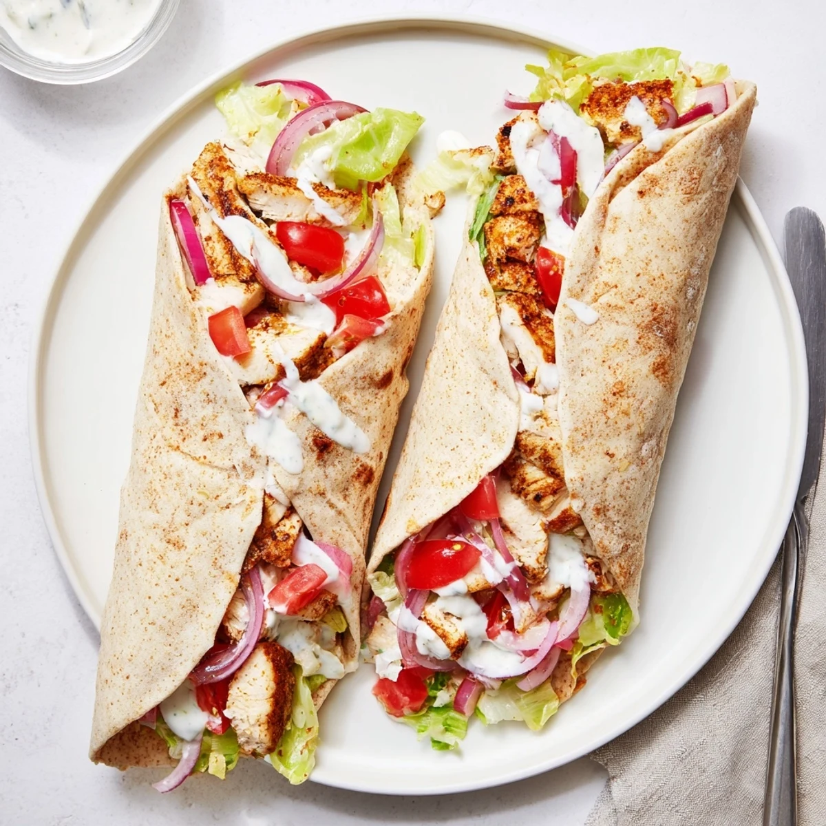 Protein-packed chicken wraps featuring cheesy baked flatbread layers with juicy spiced poultry and fresh garden toppings