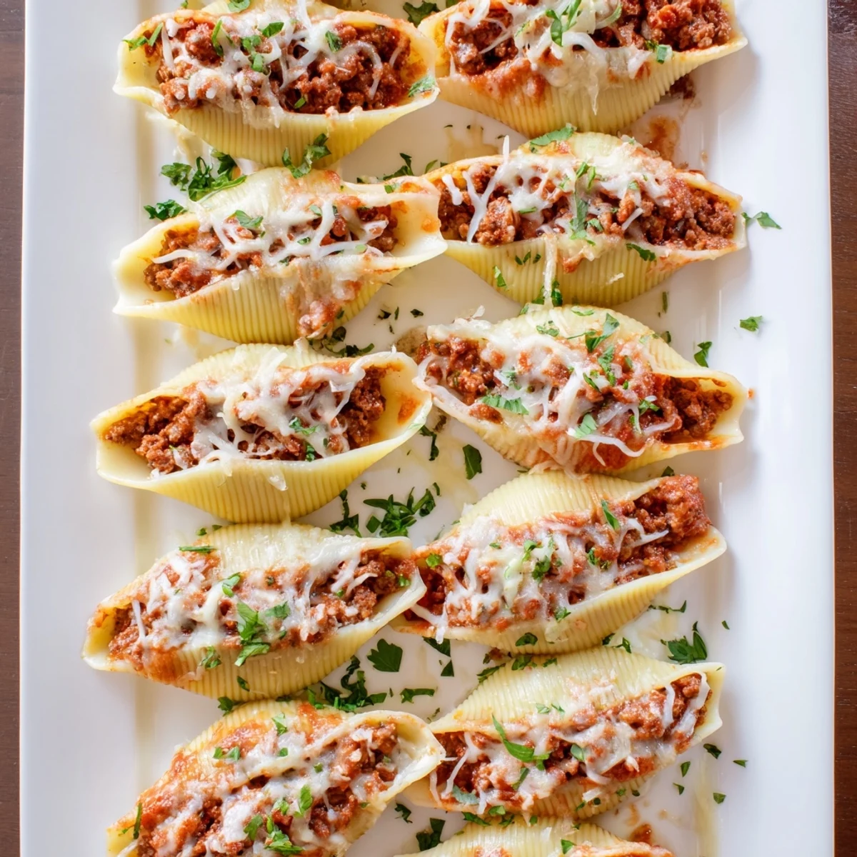 Jumbo pasta shells filled with savory ground beef and ricotta in rich marinara cream sauce