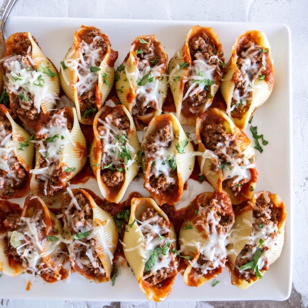 Comforting Italian baked pasta dish with tender stuffed shells and bubbling mozzarella cheese layer