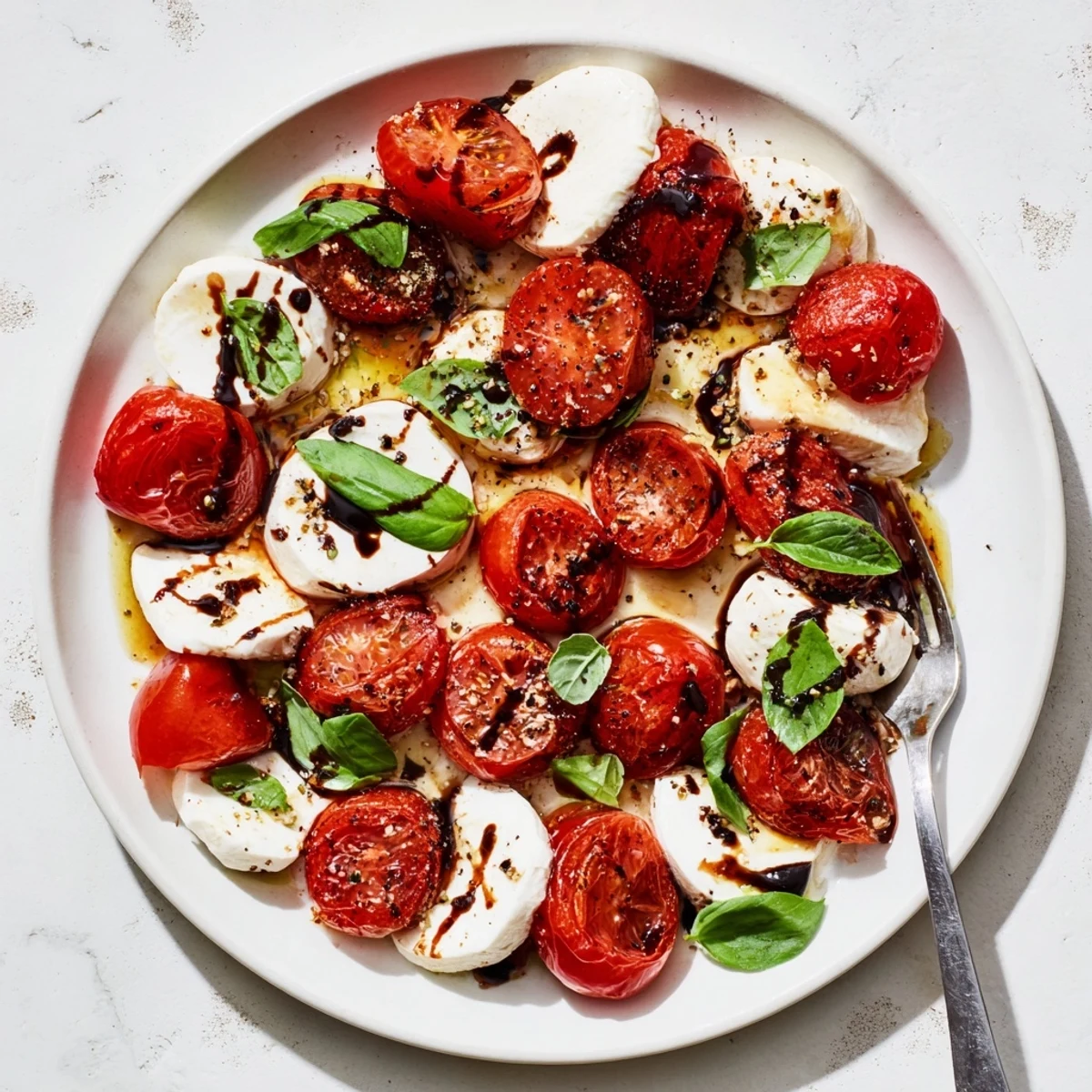 Roasted tomato Caprese salad featuring caramelized cherry tomatoes with fresh mozzarella and fragrant basil leaves on a white serving platter