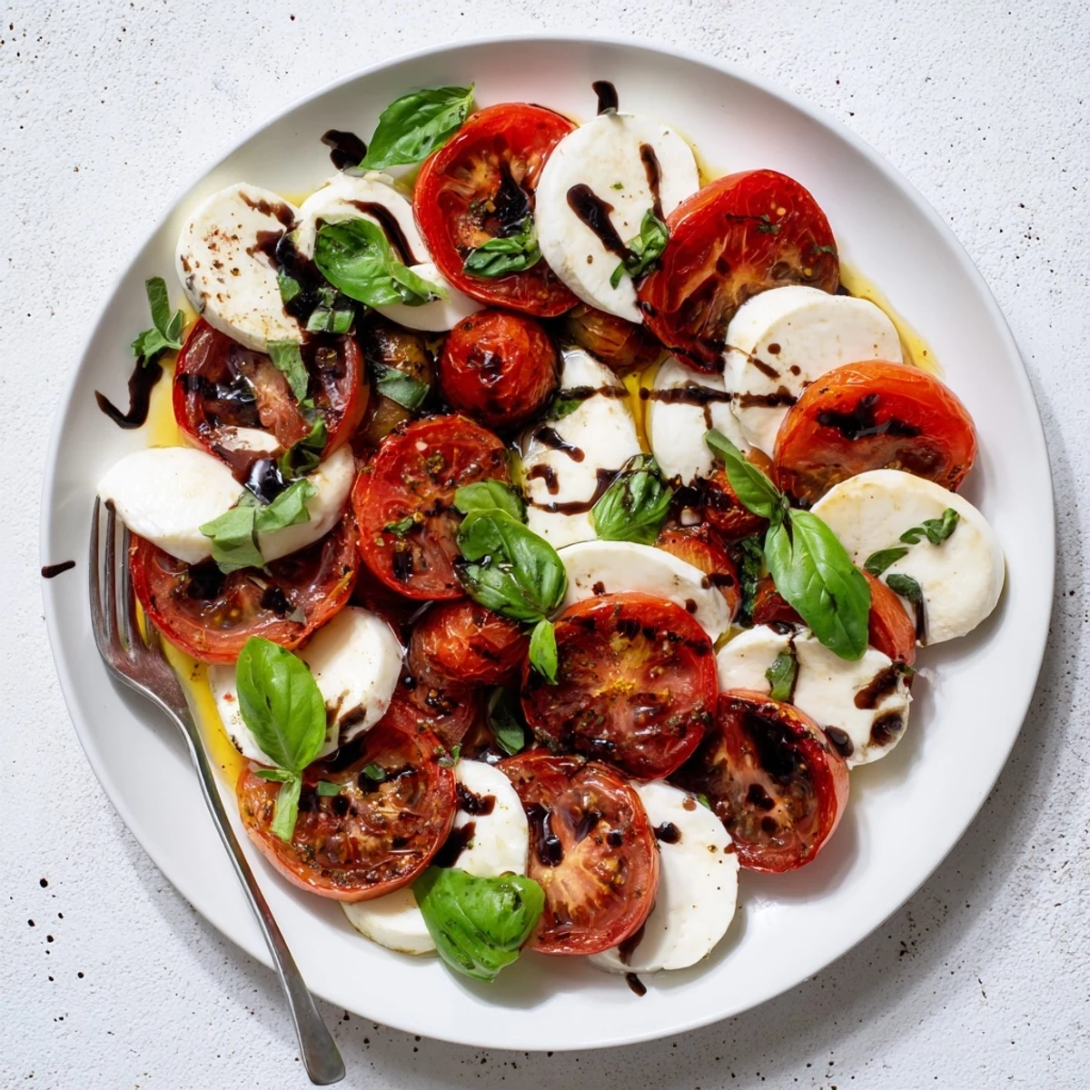 Vibrant Caprese salad with roasted tomatoes, creamy mozzarella slices, and green basil drizzled with balsamic glaze for a colorful Italian appetizer