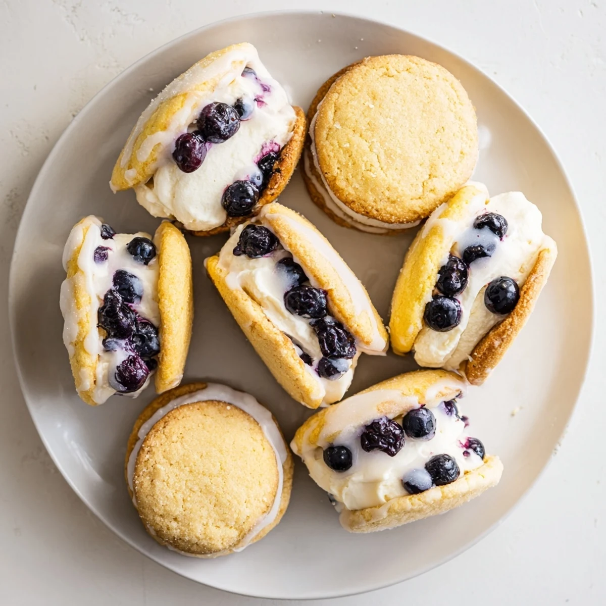 Stack of pale lemon blueberry cheesecake cookies bursting with fresh blueberries and cream filling