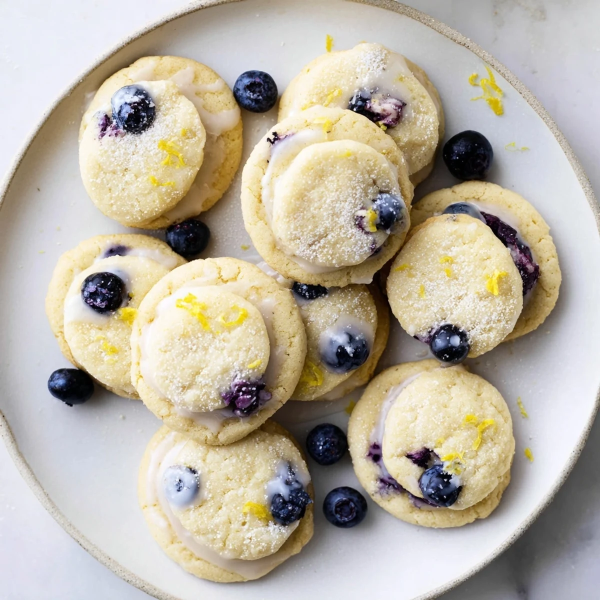 Soft baked lemon blueberry cheesecake cookies drizzled with sweet tangy glaze on cooling rack