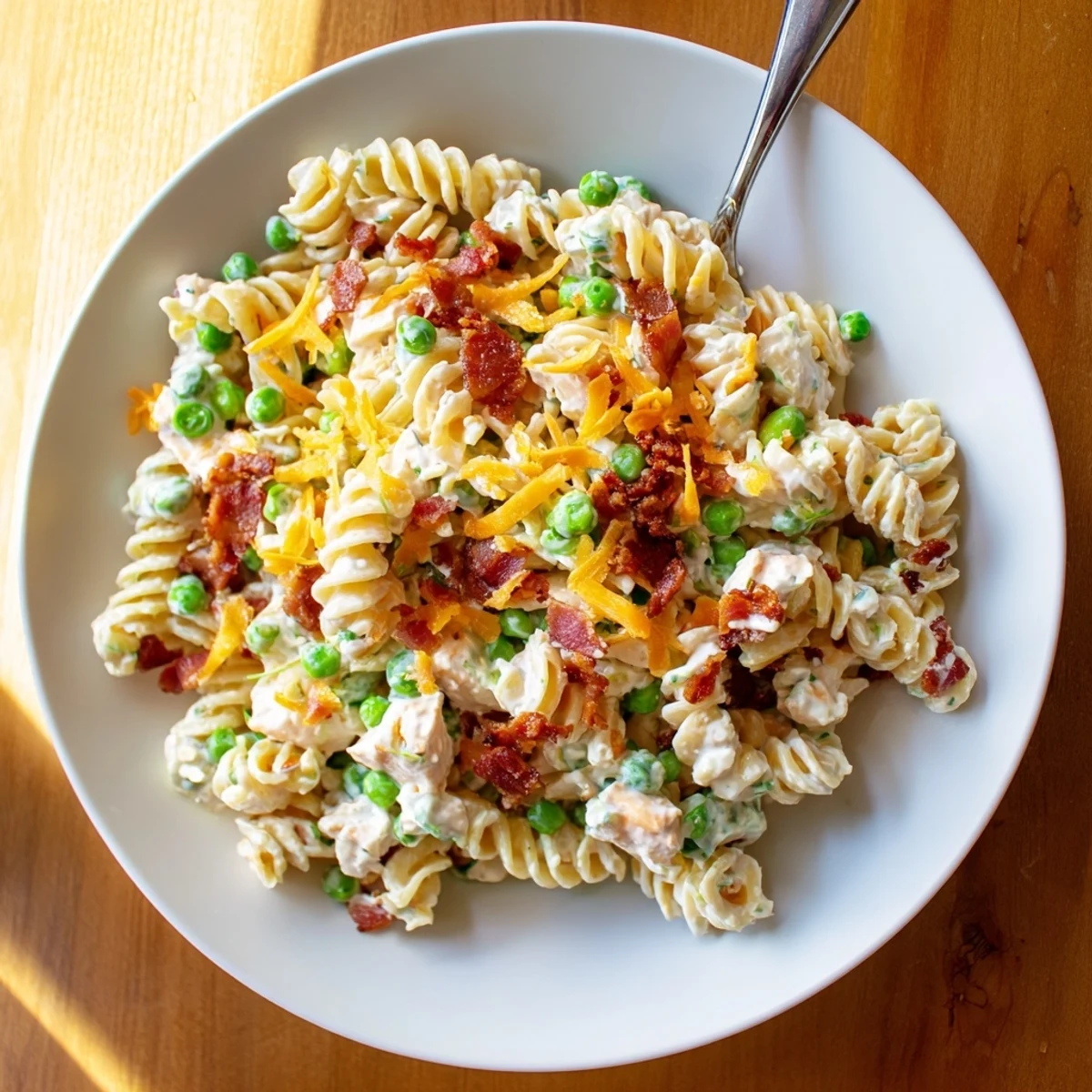 Heaping scoop of addictive crack pasta salad loaded with ranch dressing and crumbled bacon bits