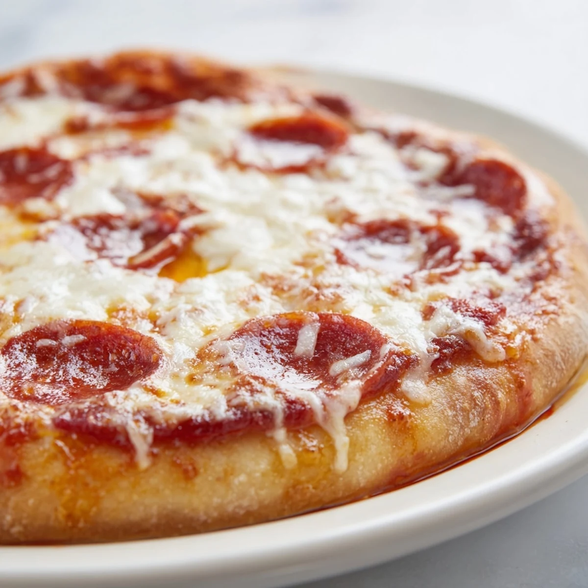 Homemade pan pizza featuring pepperoni slices on a soft chewy crust with golden edges