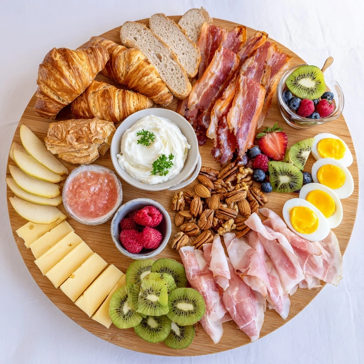 Colorful breakfast charcuterie board arranged with prosciutto, cheeses, fresh berries, and pastries on a wooden serving platter