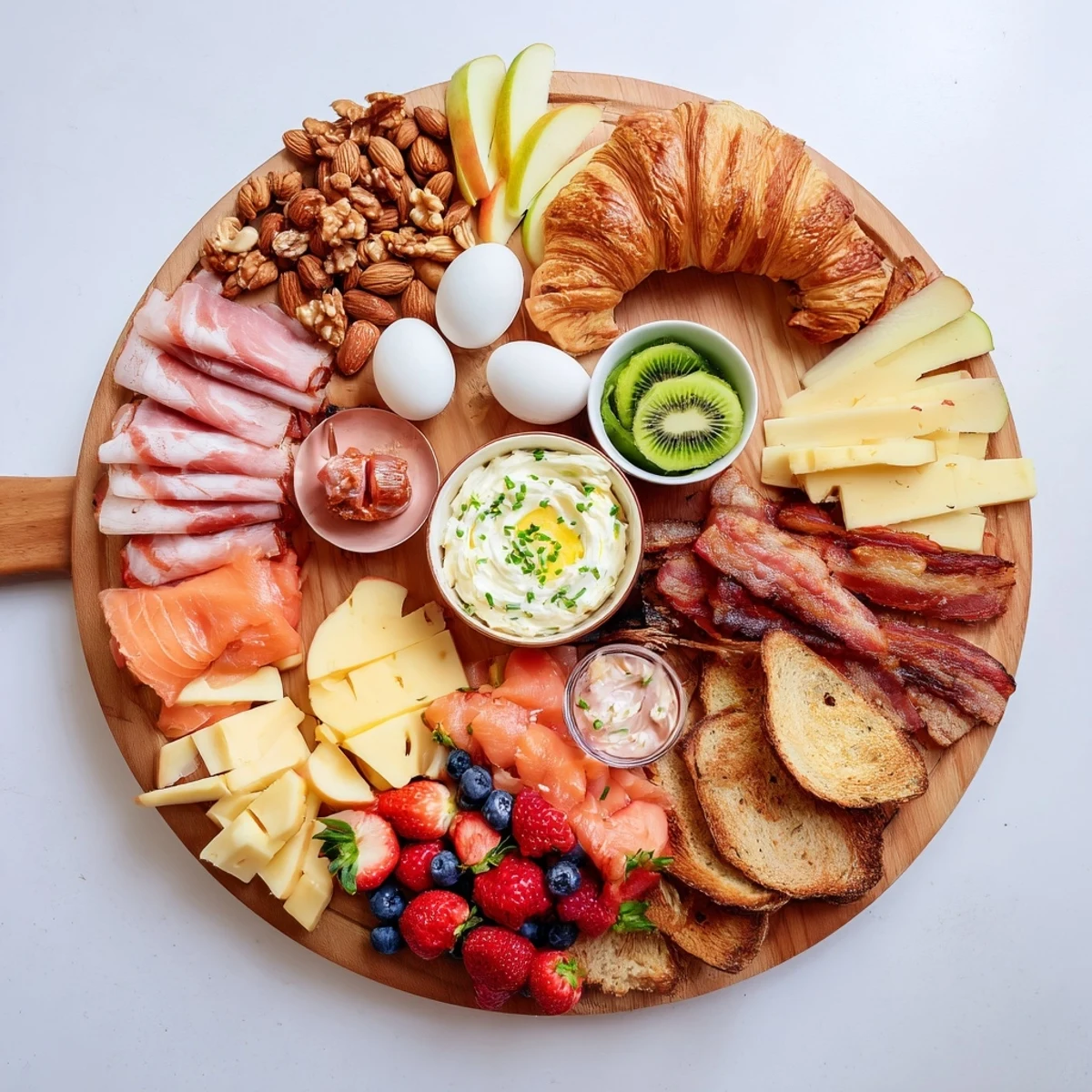 Vibrant breakfast charcuterie board displaying brie, bacon, mixed berries, nuts, and spreads scattered artfully for guests