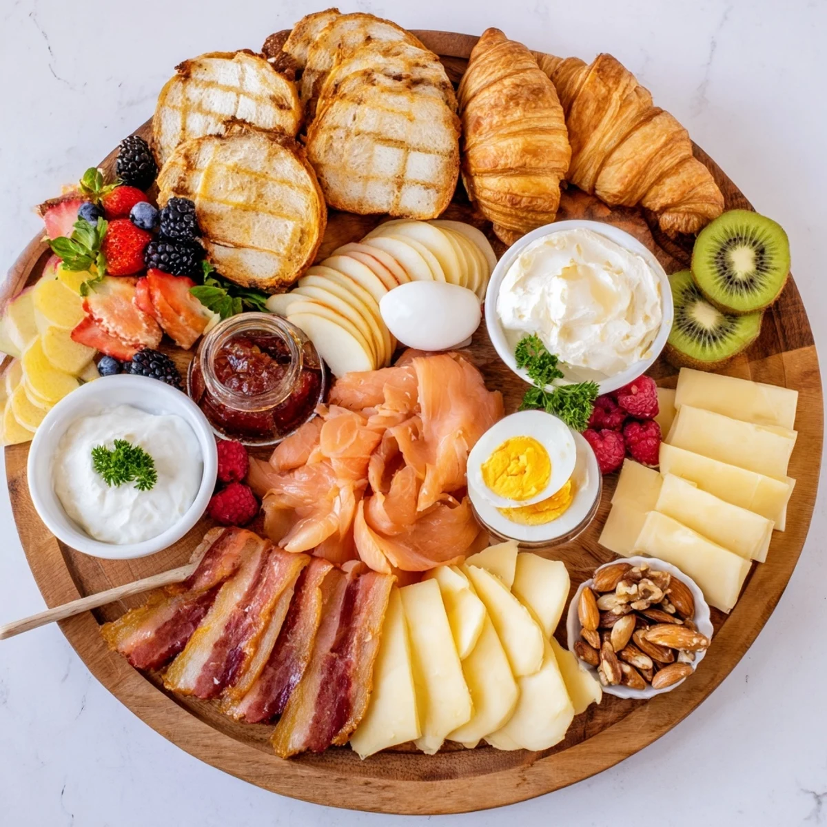 Rustic breakfast charcuterie board featuring smoked salmon, boiled eggs, sliced fruits, honey, and croissants for sharing