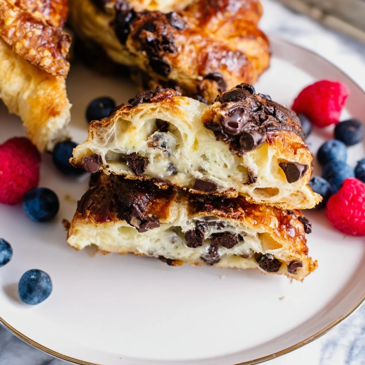 Warm chocolate croissant breakfast bake casserole dusted with powdered sugar and fresh berries