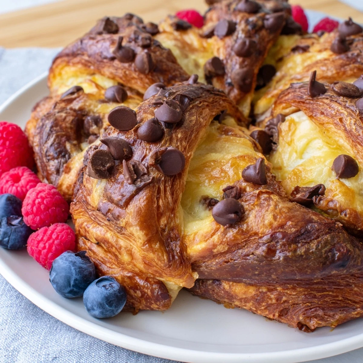 Golden brown chocolate croissant breakfast bake with melted chocolate chips in a baking dish