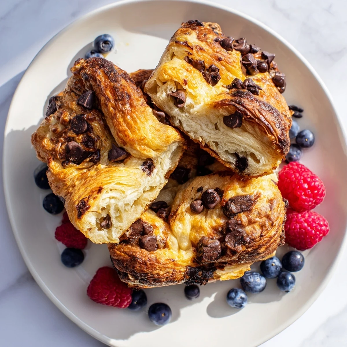 Buttery croissant pieces soaked in custard and baked with semi-sweet chocolate for breakfast