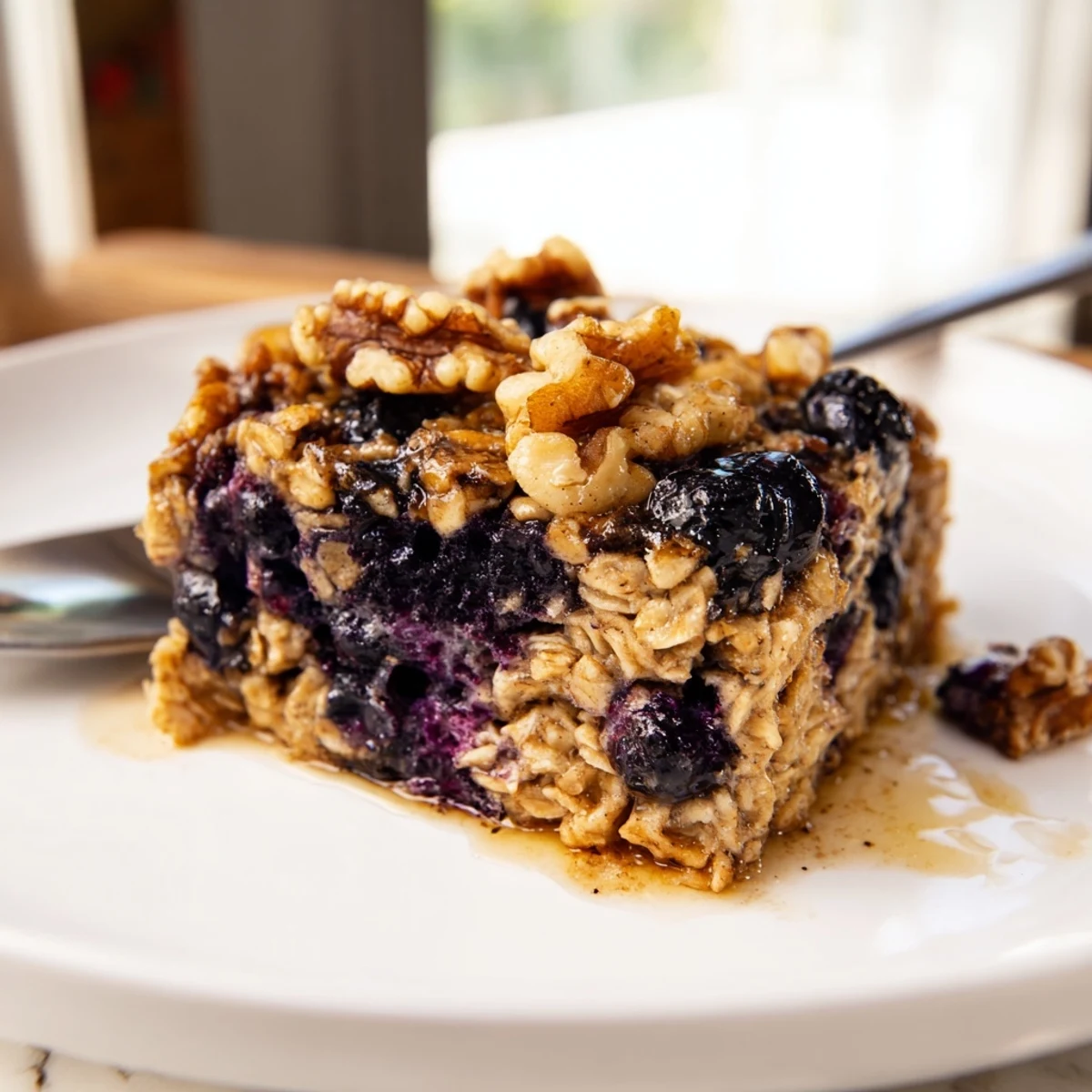 Golden lemon blueberry baked oatmeal fresh from the oven with bubbling fruit