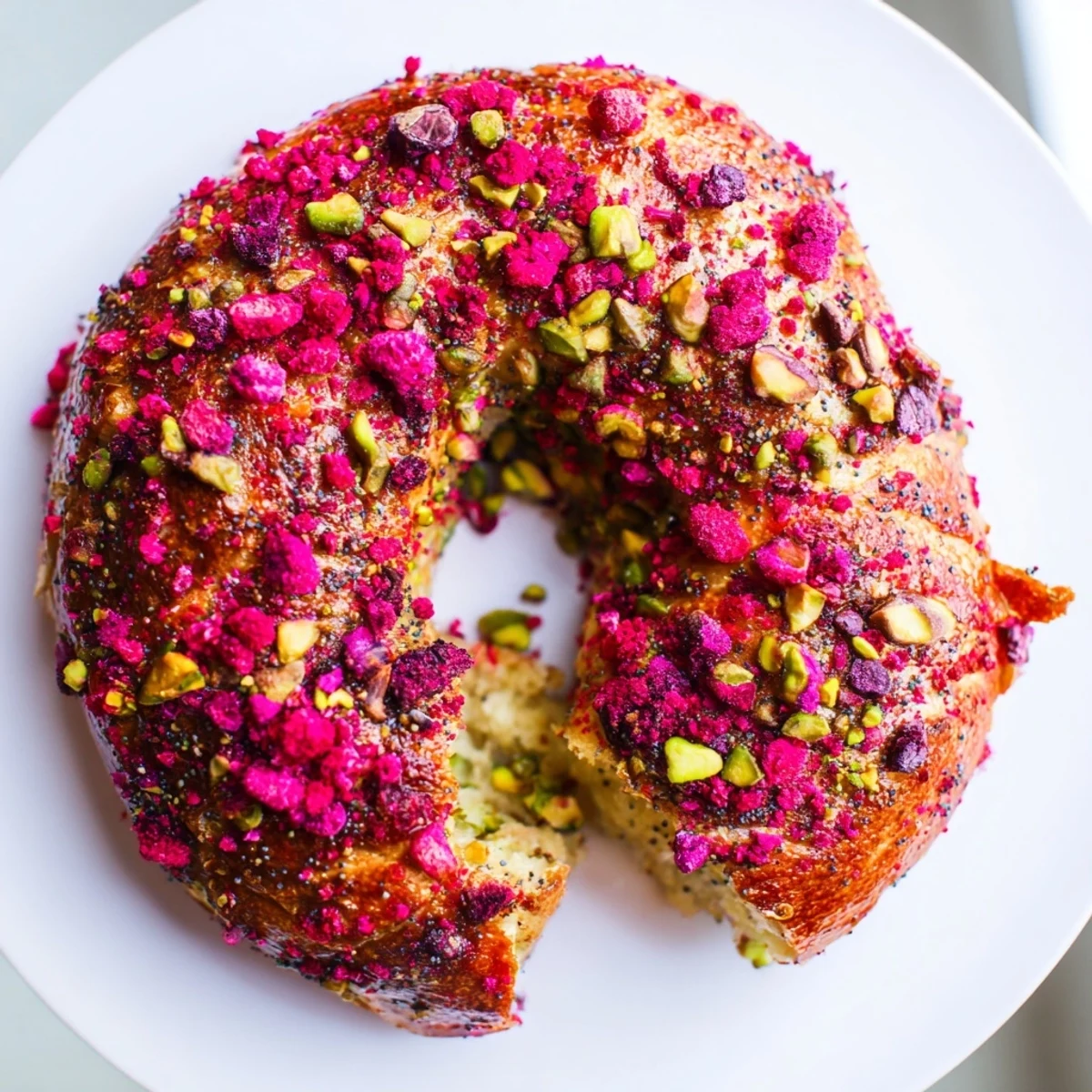 Freshly baked raspberry pistachio sourdough bagels topped with nuts and berries on a wooden board