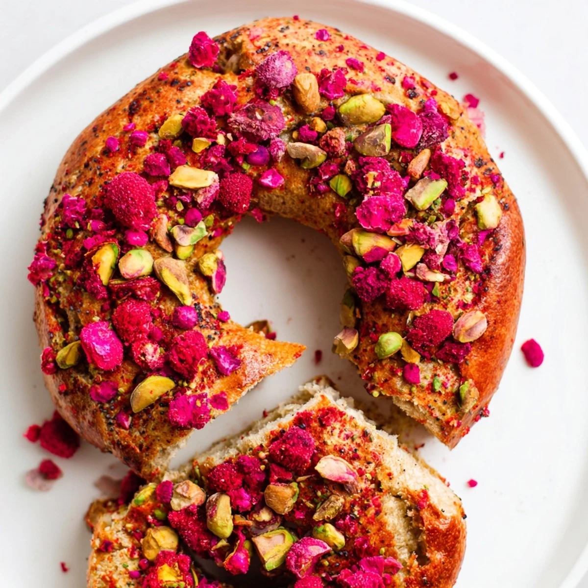 Golden brown sourdough bagels studded with pink raspberries and green pistachios, ready for breakfast