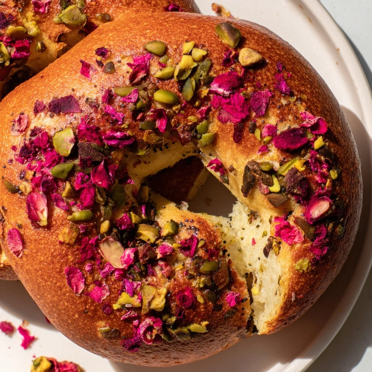 Hand-shaped raspberry pistachio sourdough bagels with cream cheese beside a steaming coffee cup