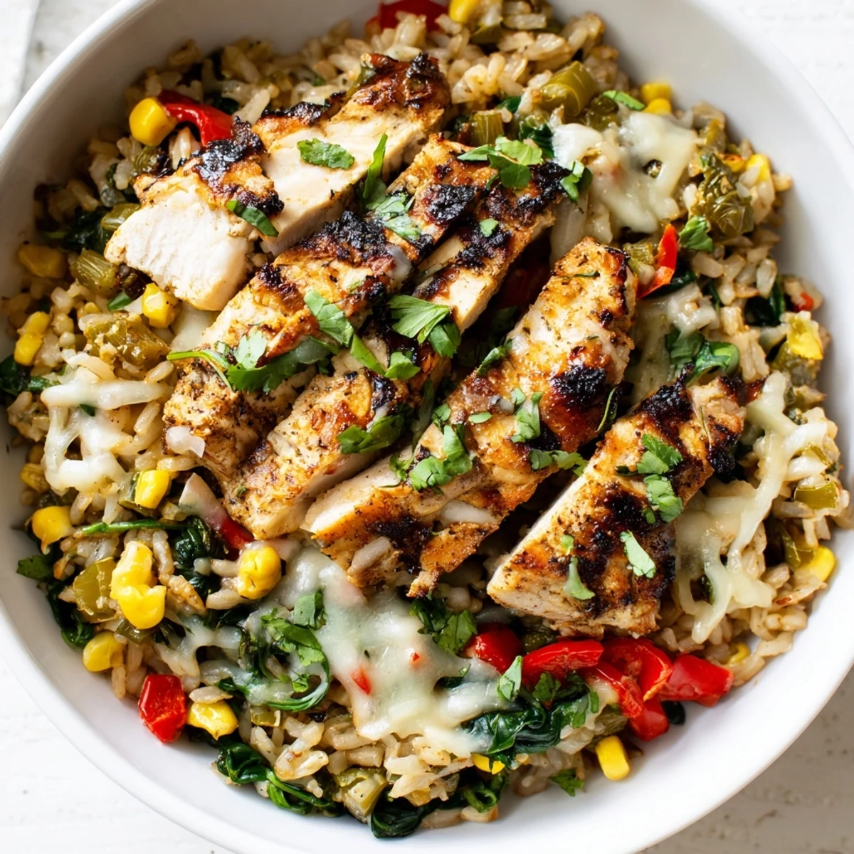 Hearty Southwest spice green chile bowl with tender chicken, roasted peppers, and fluffy brown rice