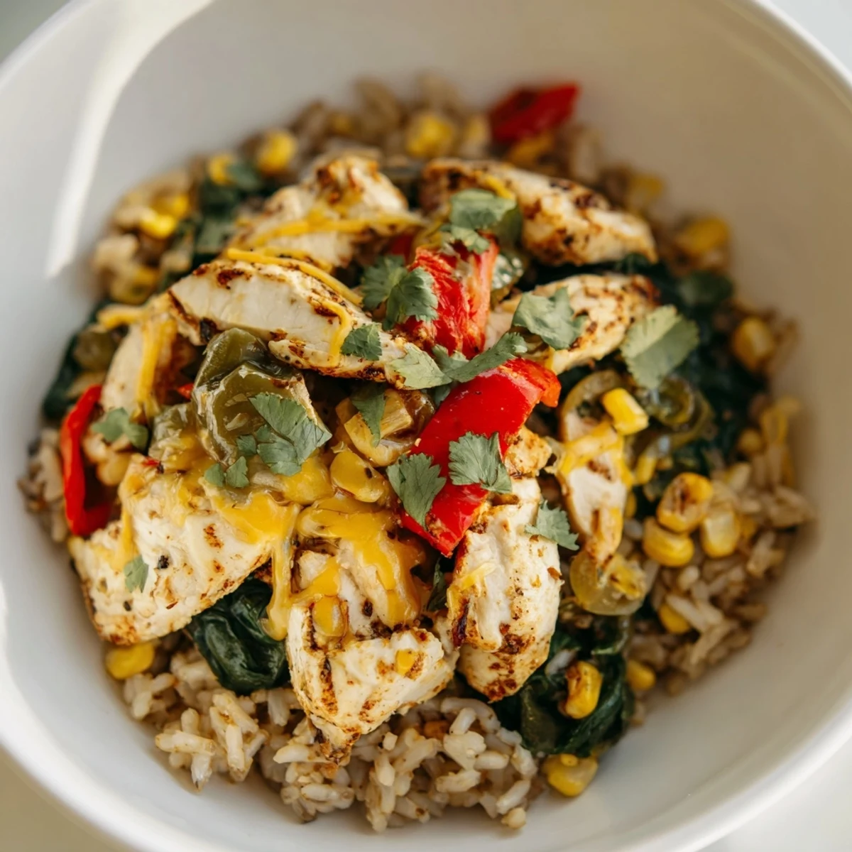 Steaming Southwest spice green chile bowl featuring seasoned chicken, green chiles, corn, melted Monterey Jack cheese