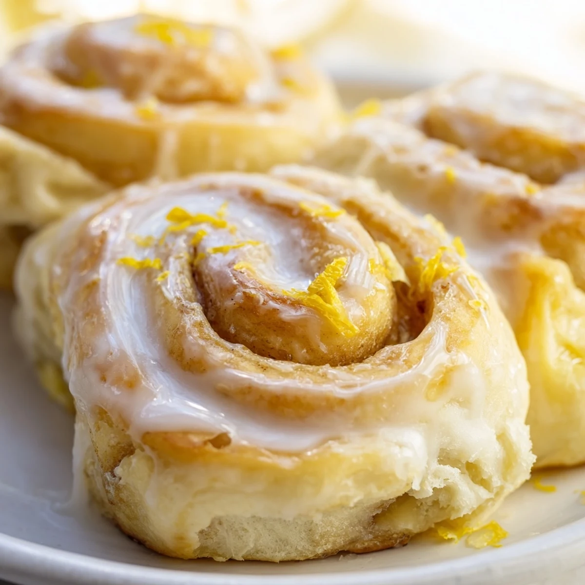 Fresh lemon rolls glazed and ready for breakfast on a rustic wooden board