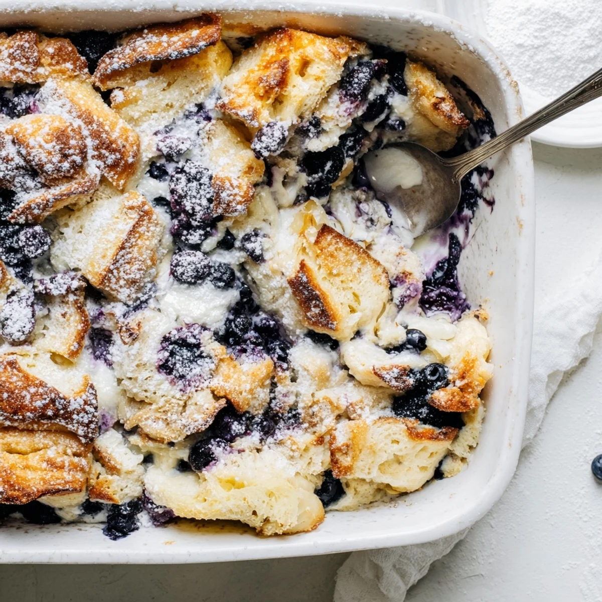 Golden blueberry cream cheese croissant casserole baked to buttery perfection with juicy berry layers