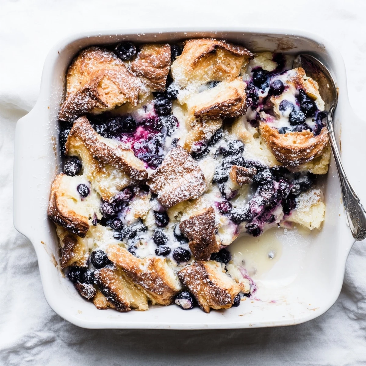 Creamy blueberry cream cheese croissant casserole dusted with powdered sugar and served warm for brunch