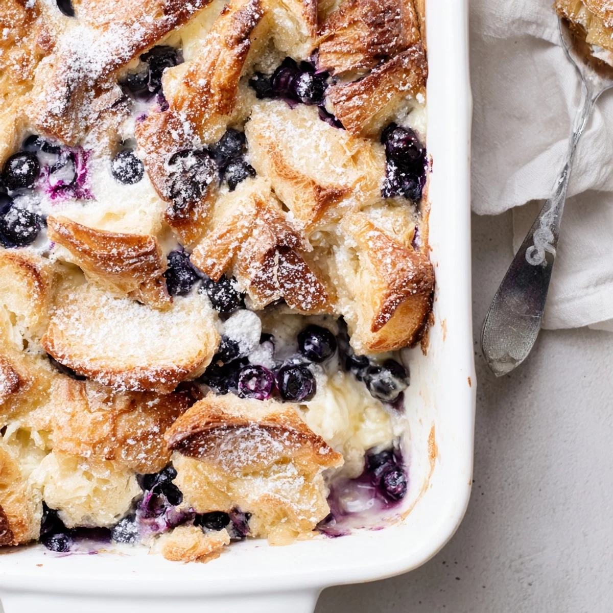 Flaky croissant pieces layered with tangy cream cheese and fresh blueberries in this breakfast casserole