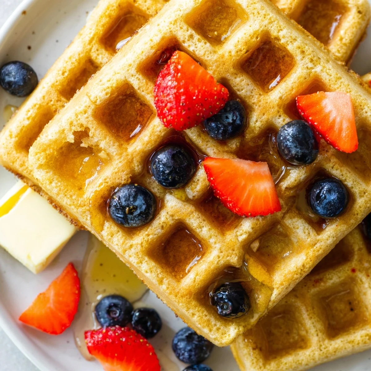 Golden crispy Greek Yogurt Waffles topped with fresh berries and a drizzle of warm maple syrup.