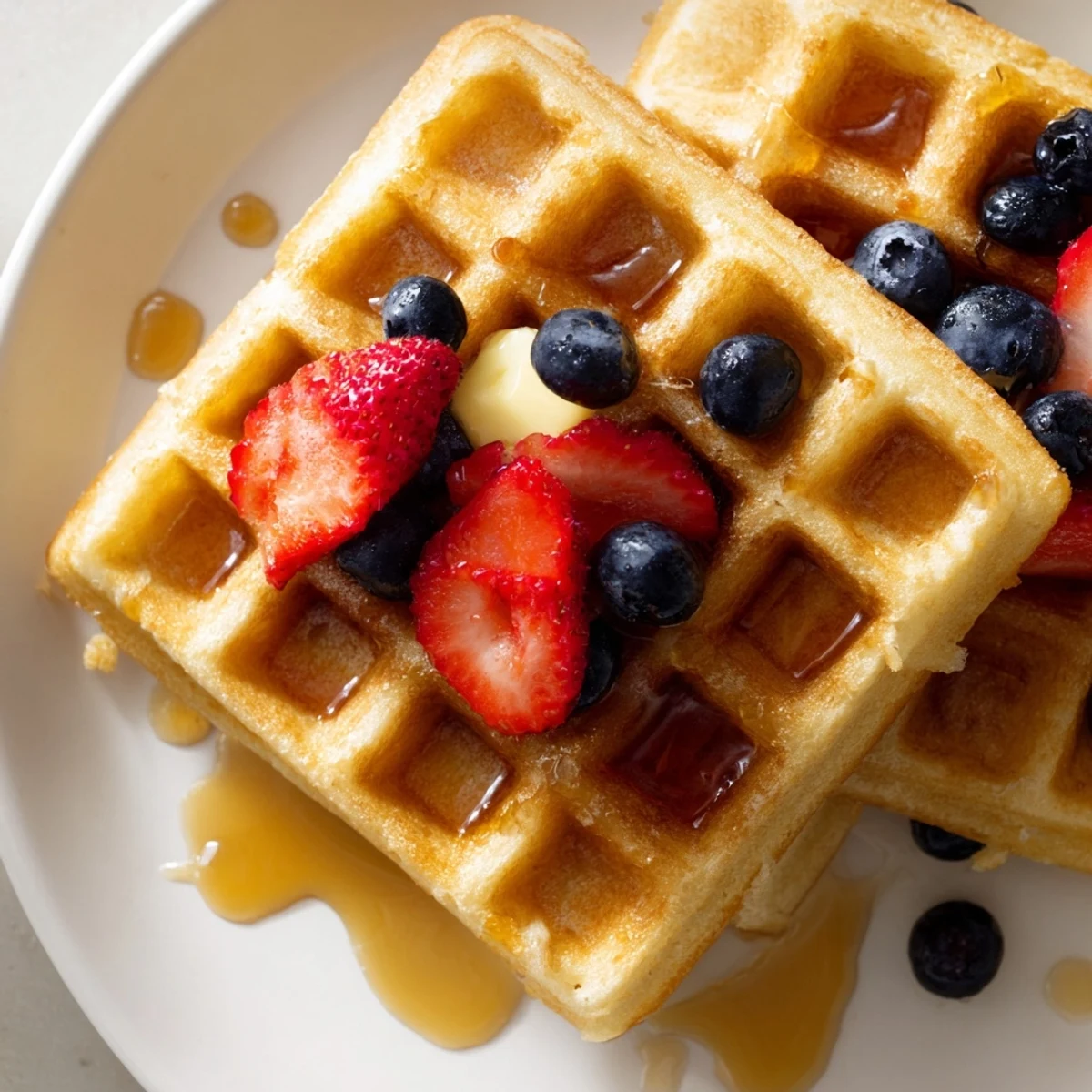Light and fluffy Greek Yogurt Waffles served on a white plate with melted butter.