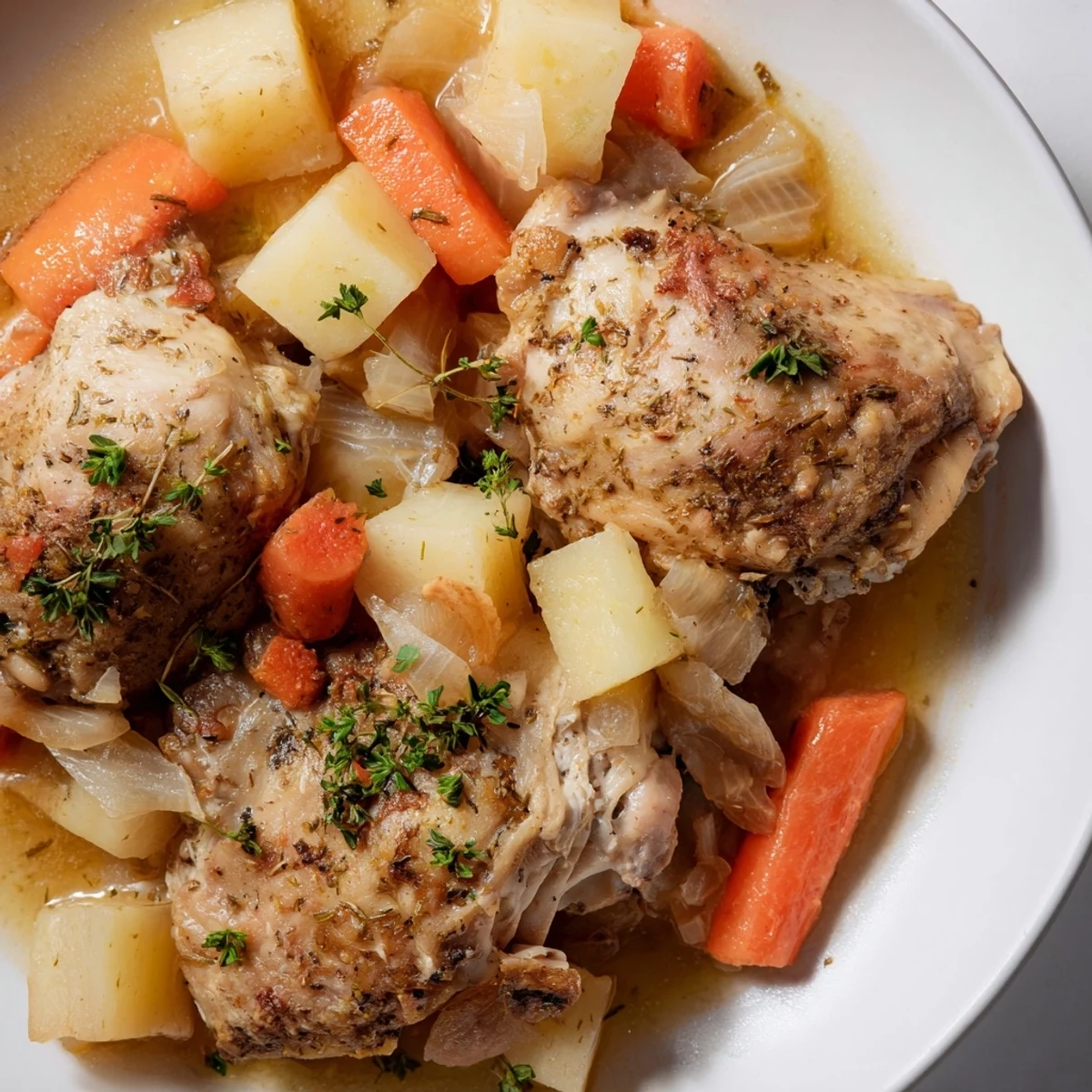 Slow cooker chicken dinner with tender vegetables in savory herb sauce ready to serve