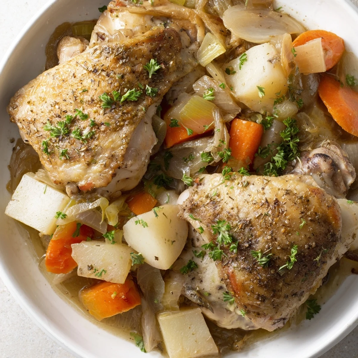Golden brown chicken thighs nestled among carrots and potatoes in a rustic slow cooker
