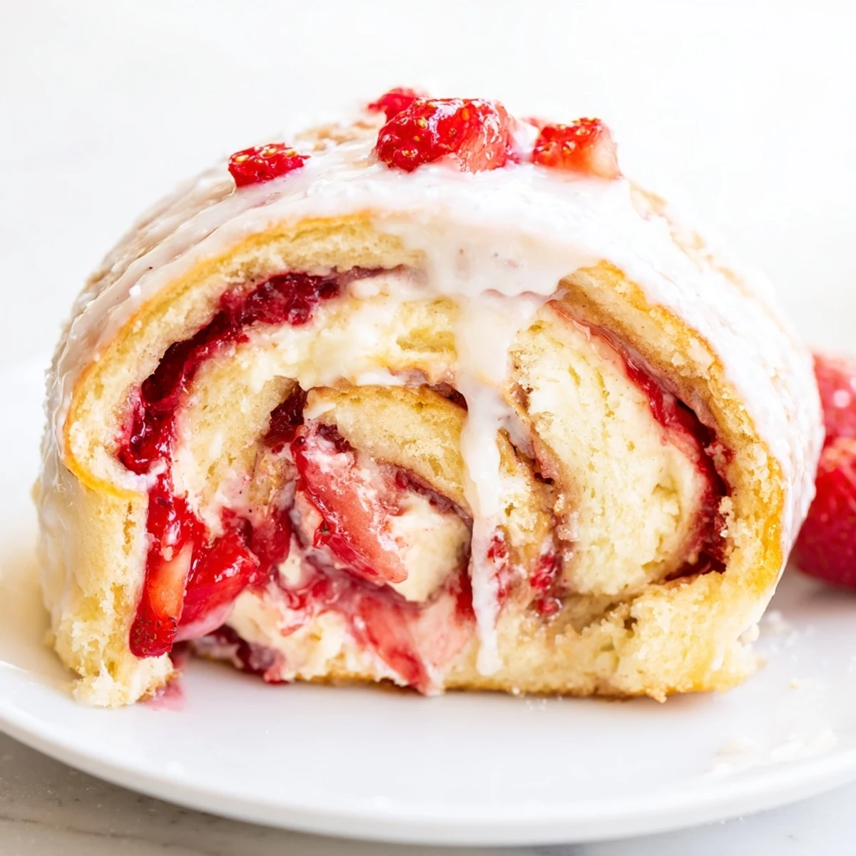 Golden Strawberry Shortcake Cheesecake Rolls drizzled with sweet vanilla glaze on a white platter