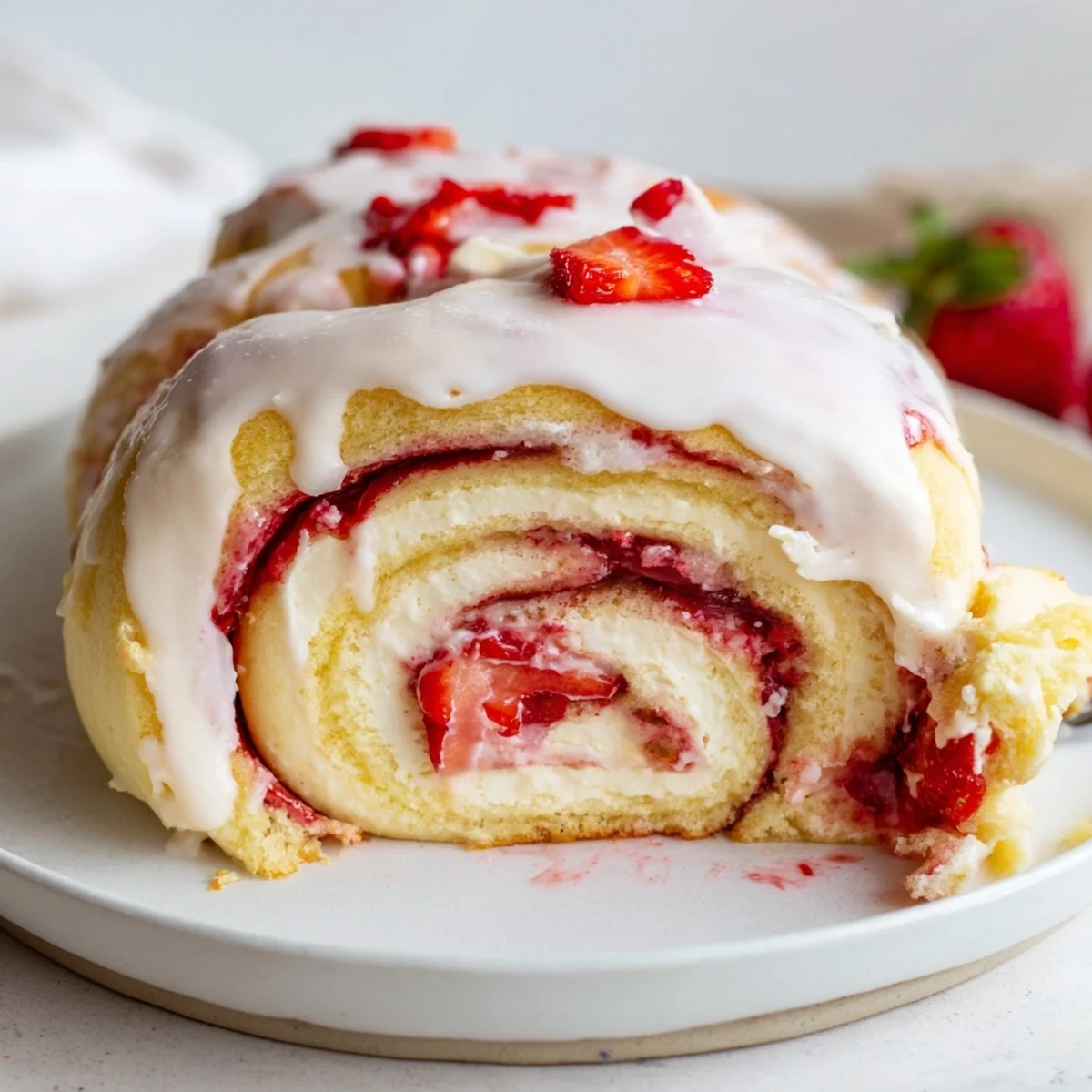 Soft Strawberry Shortcake Cheesecake Rolls swirled with creamy cheesecake filling and bright red strawberries